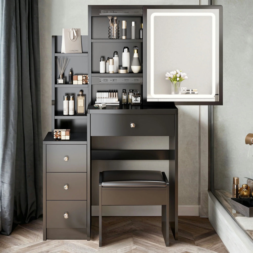 White Vanity Table with Lighted Mirror and Stool F7971