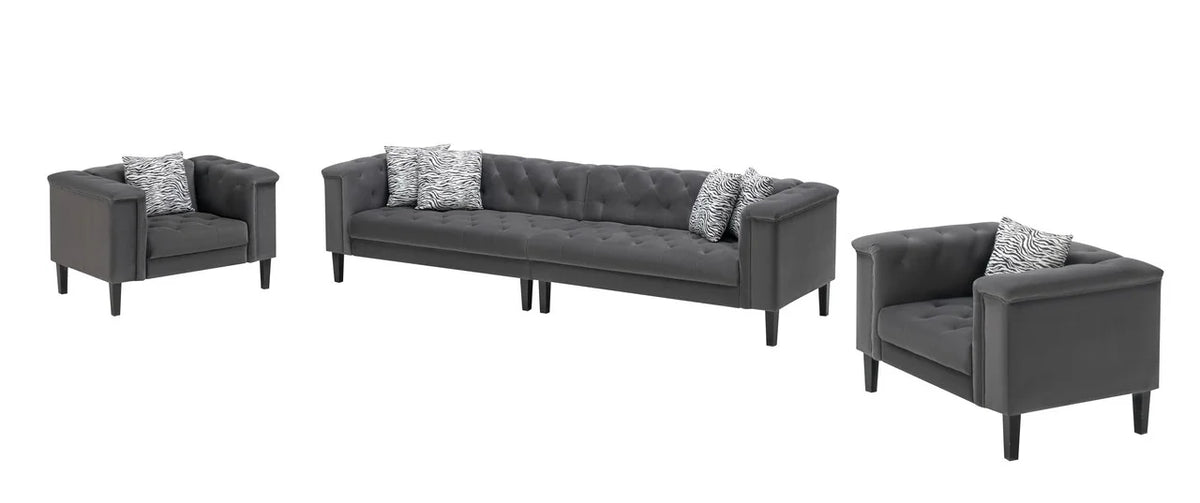 Dark Gray Velvet Tufted Sofa and 2 Chairs with 6 Accent Pillows X1153