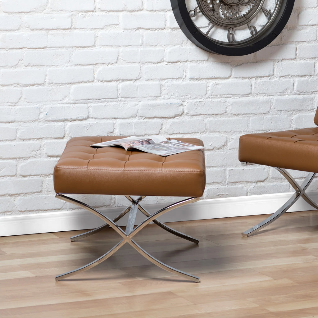 Caramel Brown Bonded Leather Tufted Ottoman U44351