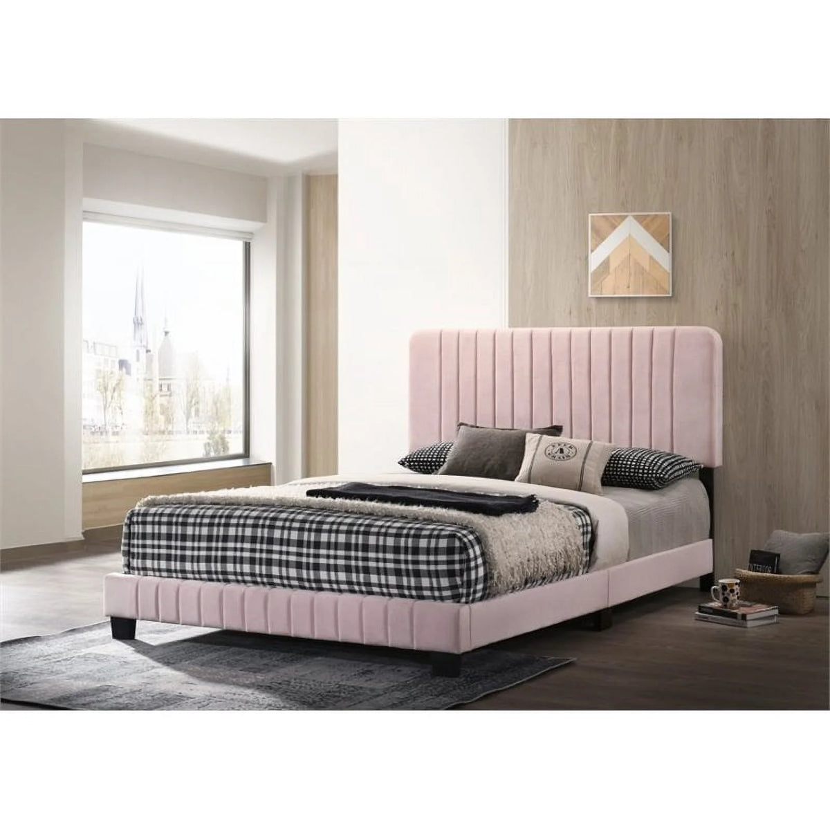 Pink Velvet Upholstered King Bed X342