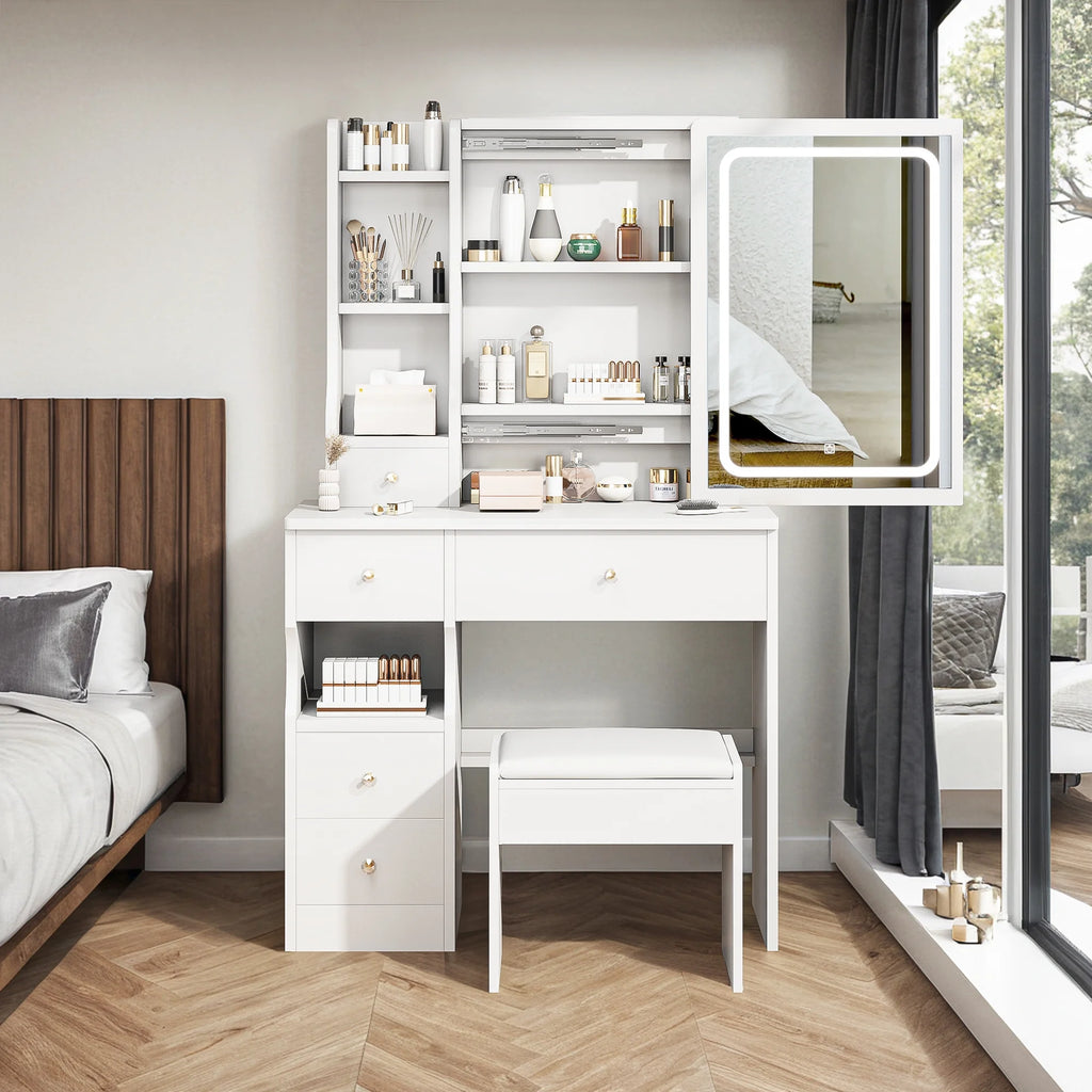 White Vanity Table with Lighted Mirror and Stool F7971