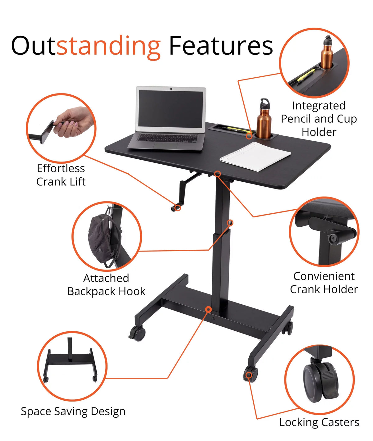 Adjustable Height Single Column Rolling Standing Desk H2749