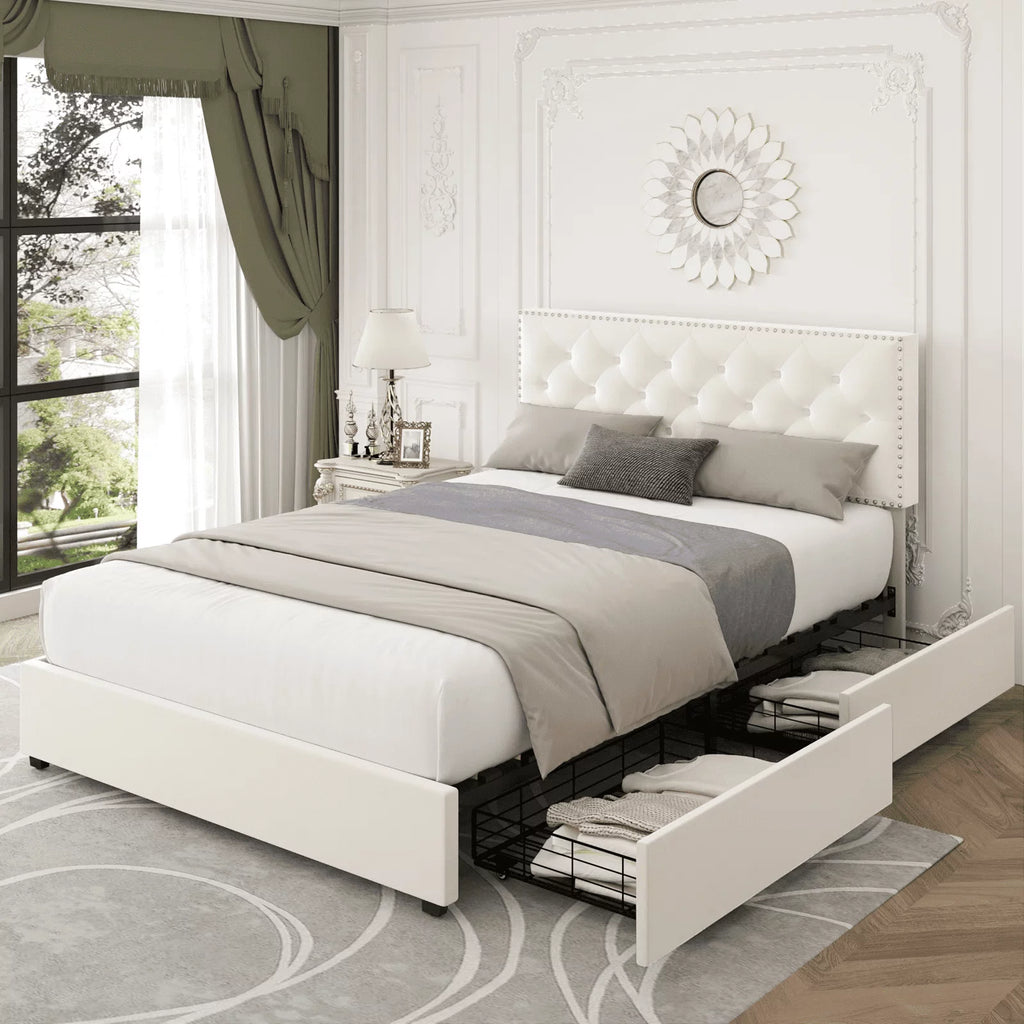 Queen Size Off-White Upholstered Storage Bed with 4 Drawers S5726