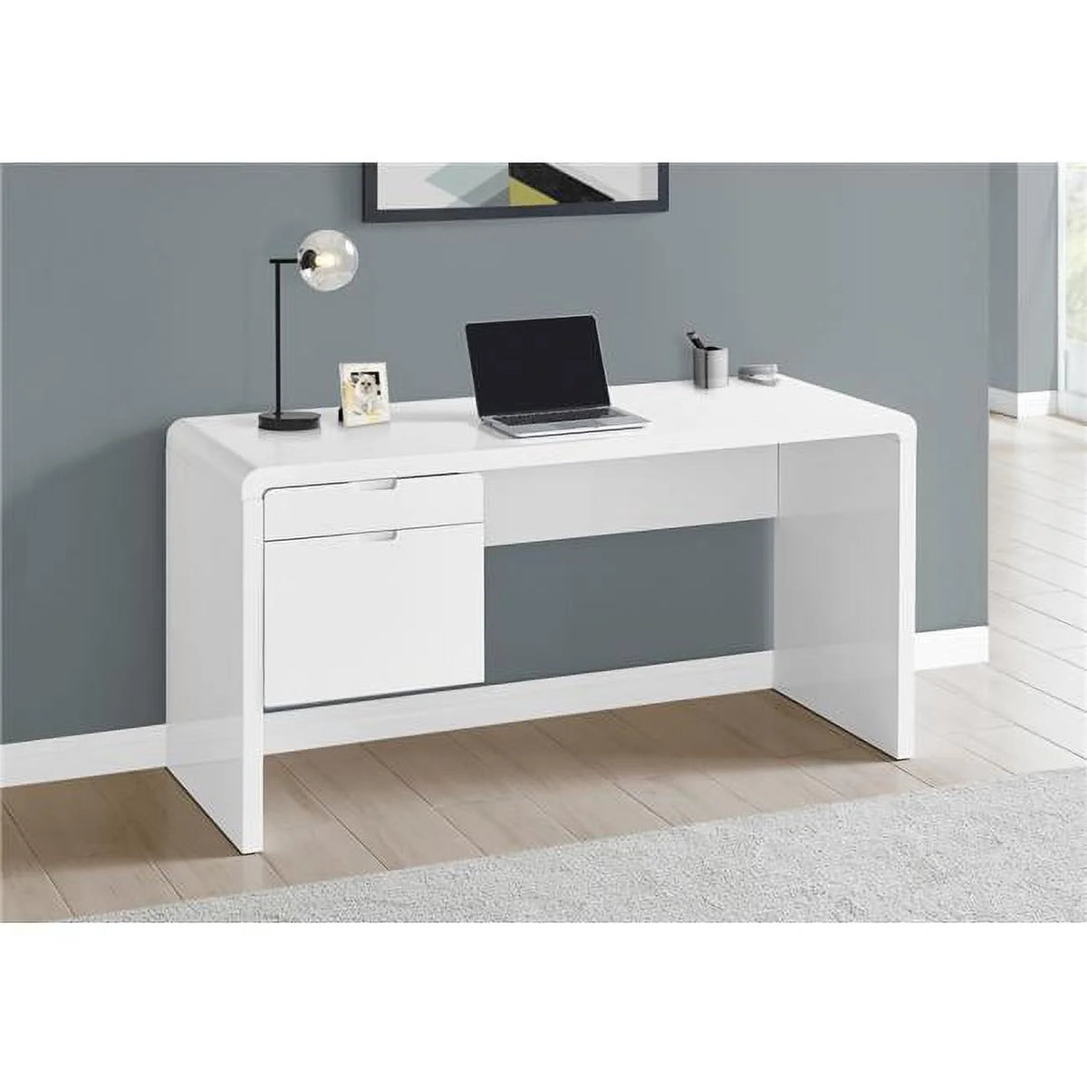 Glossy White Computer Desk with 2 Storage Drawers K1344
