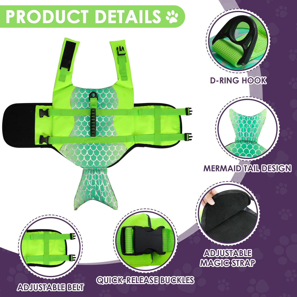 Mermaid Dog Life Jacket with Rescue Handle A105567