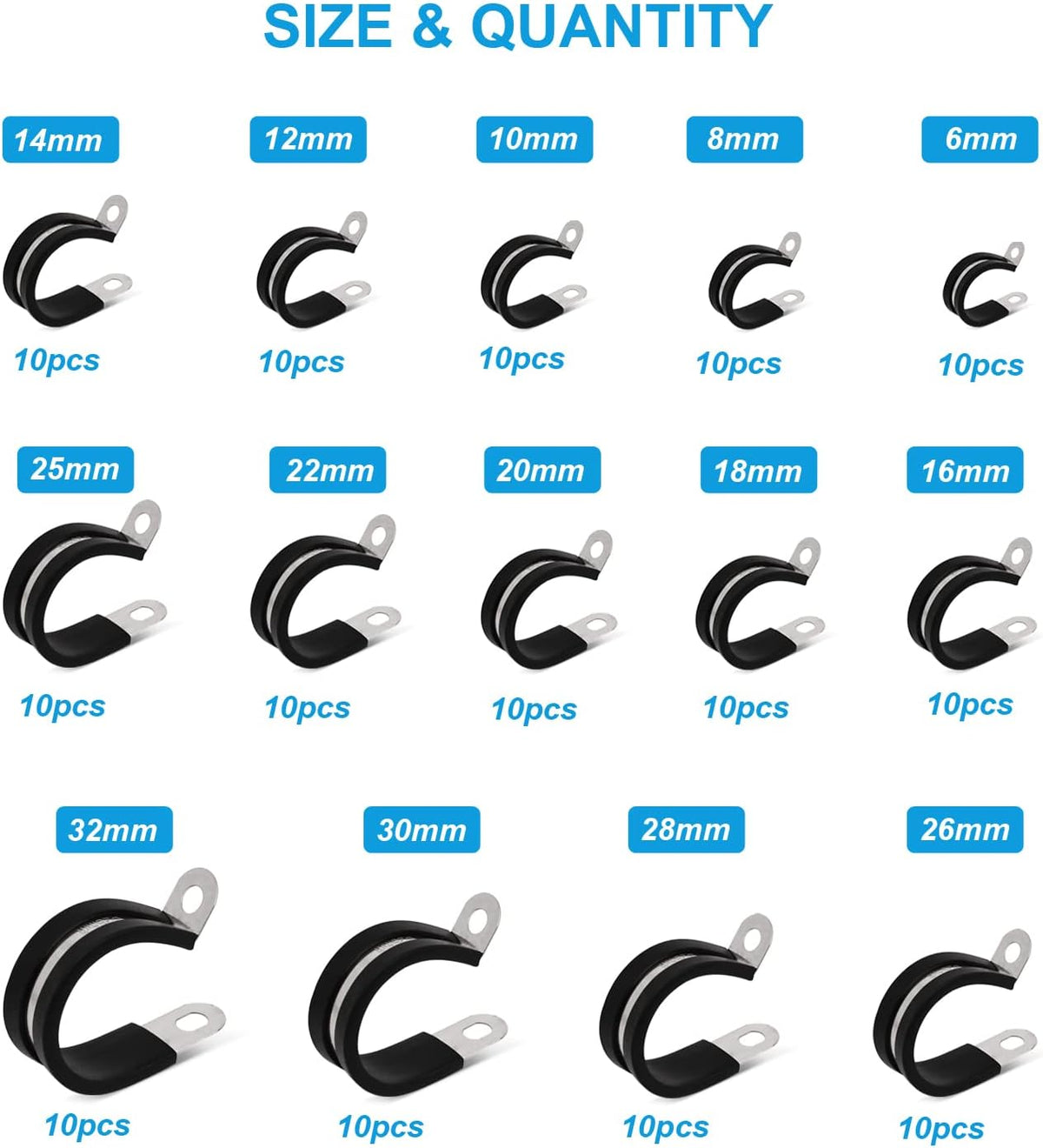 140pcs 304 Stainless Steel Rubber Cushioned Cable Clamps Assortment Kit E569666