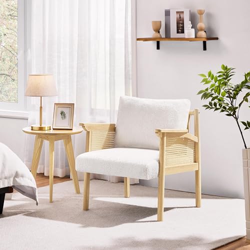 Boucle Accent Chair with Rattan Back Arms B49007