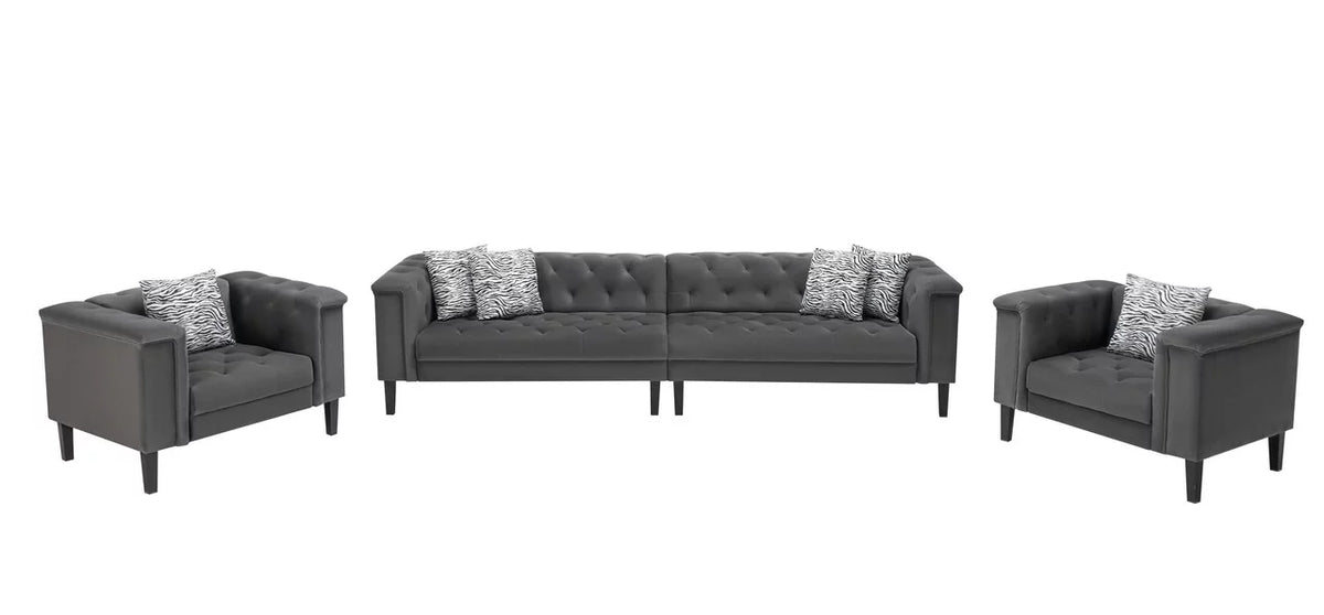 Dark Gray Velvet Tufted Sofa and 2 Chairs with 6 Accent Pillows X1153
