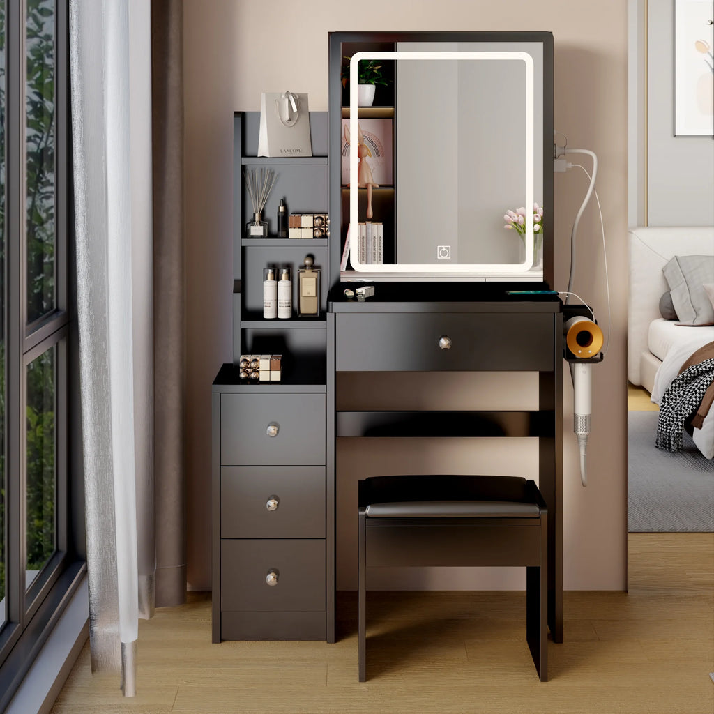 White Vanity Table with Lighted Mirror and Stool F7971