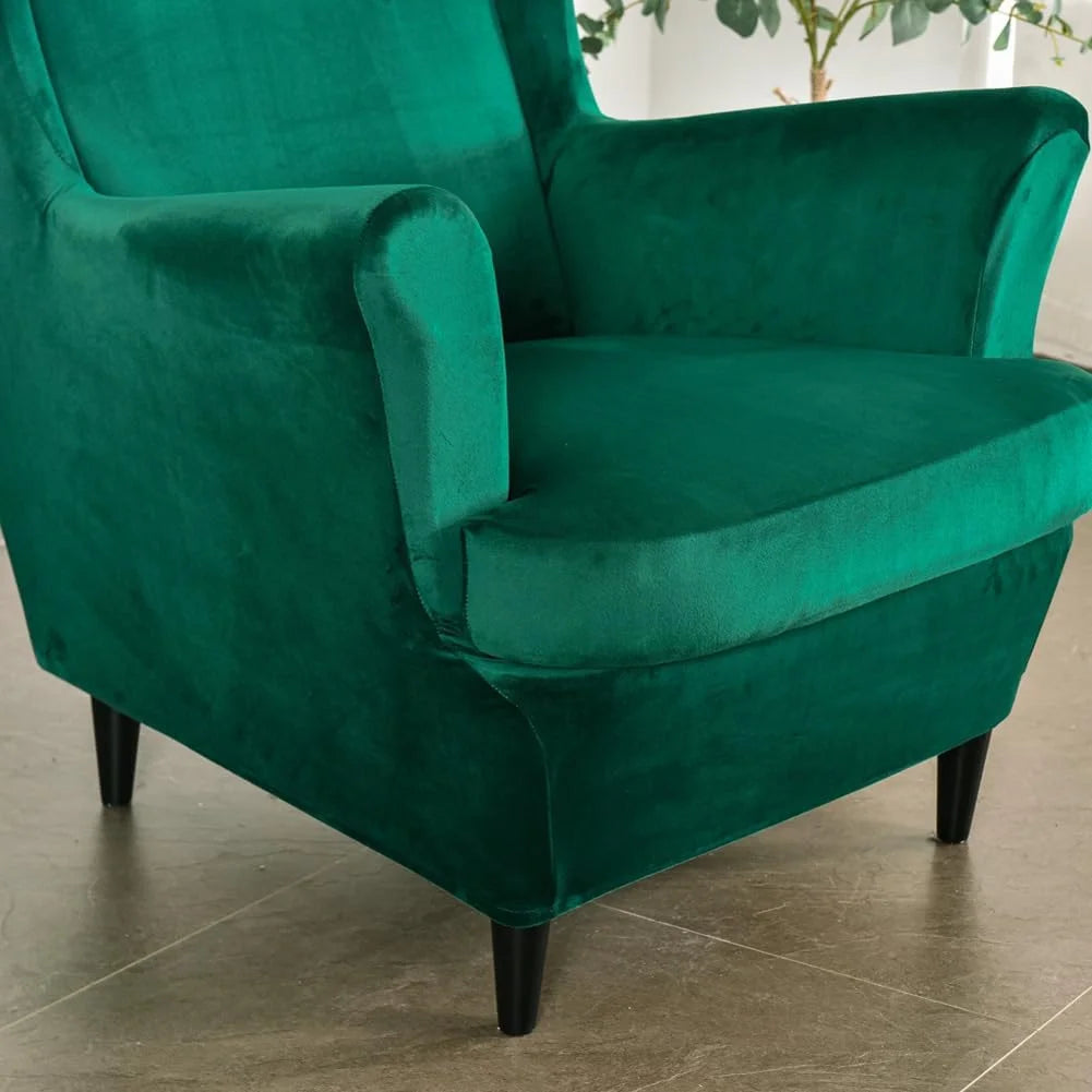 Dark Green Velvet Stretch Wingback Chair Sofa Slipcover with Elastic Bottom E264434