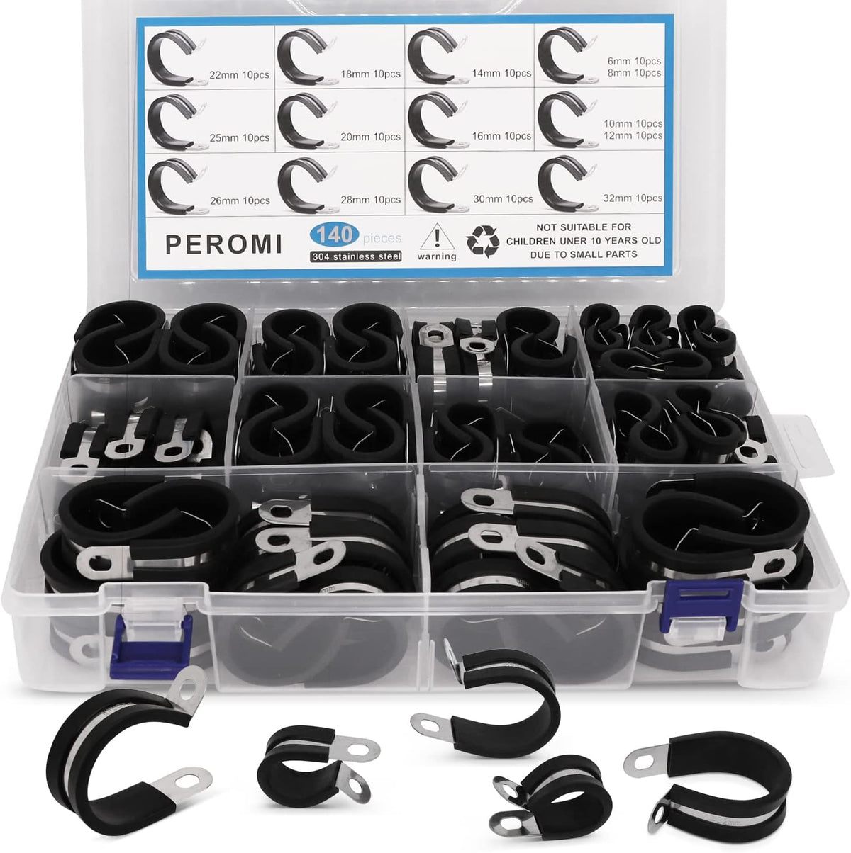 140pcs 304 Stainless Steel Rubber Cushioned Cable Clamps Assortment Kit E569666