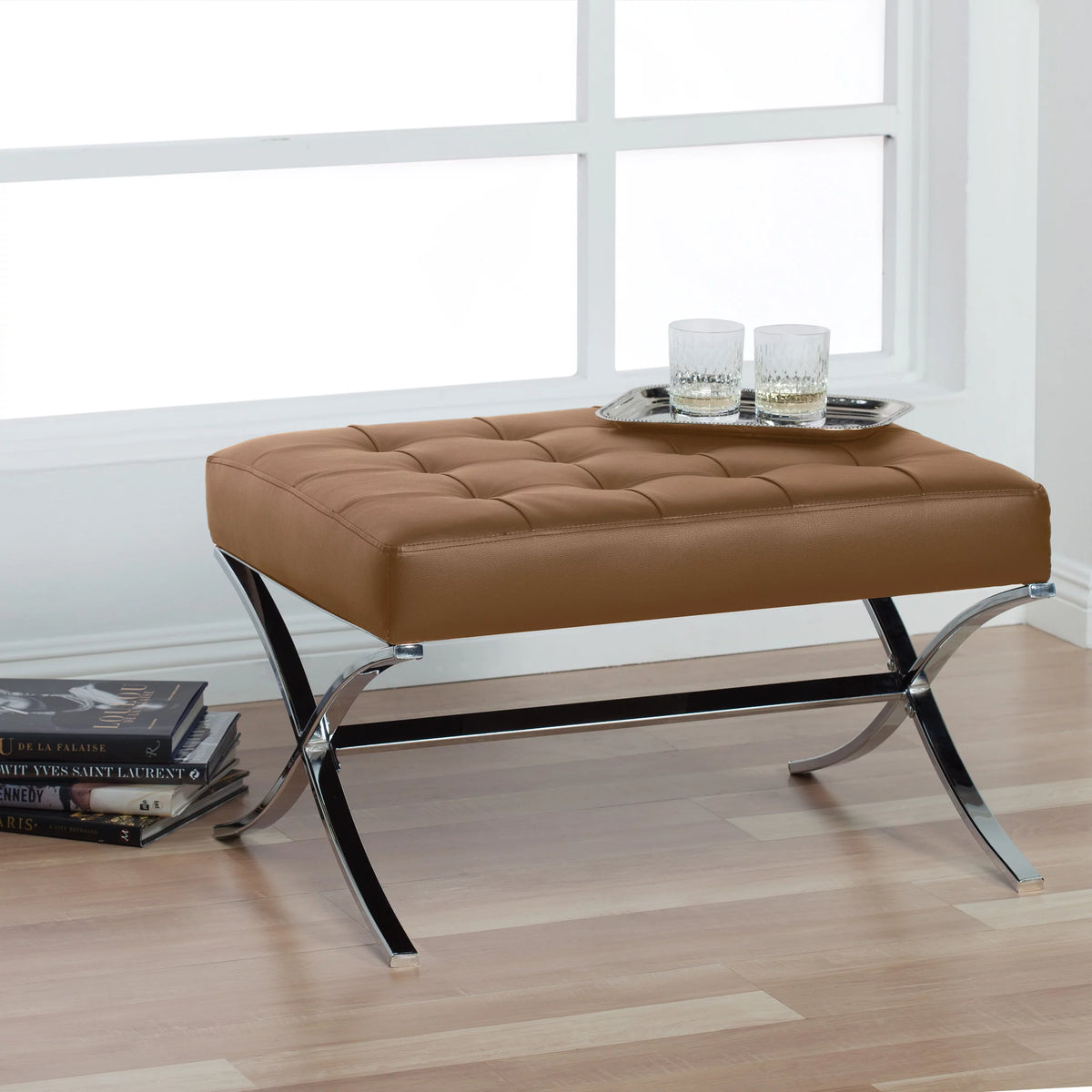 Caramel Brown Bonded Leather Tufted Ottoman U44351