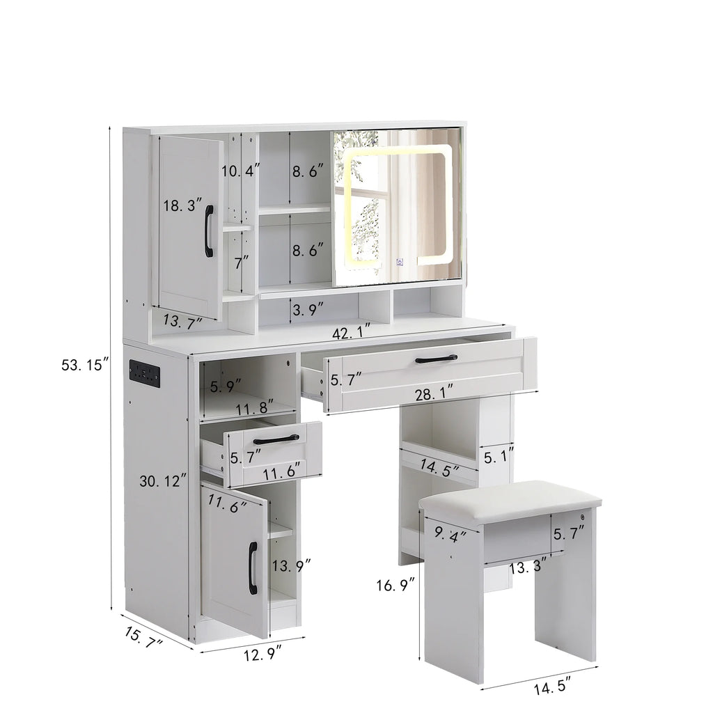 White Vanity Table with Lighted Mirror and Stool F7971